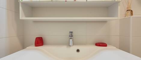 A bathroom with a white sink, a mirror above it, and a shelf with a few items.