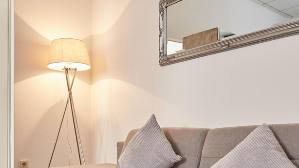 A modern living room with a grey sofa, two cushions, a floor lamp, and a large mirror on the wall. - Modern Apartment in The Heart of Vienna 1 (Vienna)