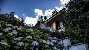 Ein Haus, umgeben von üppigem Grün und Hortensienblüten.