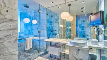 Bathtub, hair dryer, towels