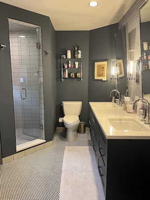 Bathtub, hair dryer, towels, soap