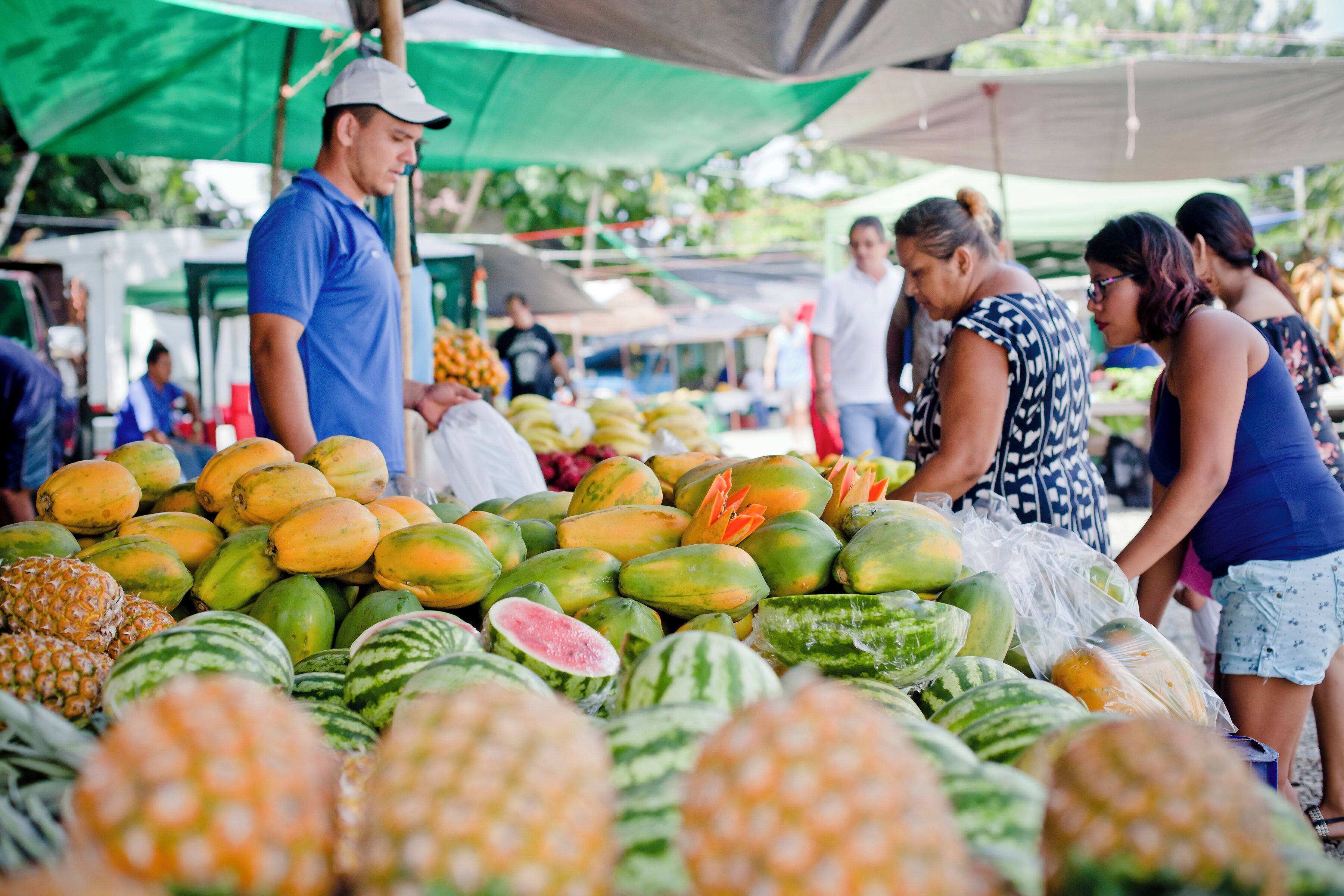 Uma banca de mercado com diversas frutas, incluindo abacaxis, melancias e mangas.