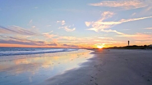 A beach with a sunset, calm waters, and a distant horizon. - Unbeatable Location - Beaches & DT - Kid Friendly (Mount Pleasant)