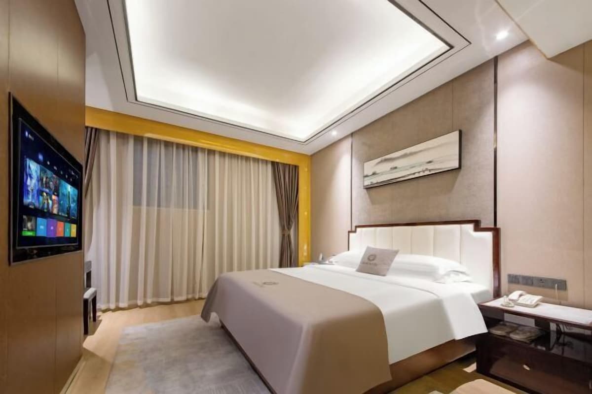 A modern hotel room with a large bed, a flat-screen TV mounted on the wall, a bedside table with a lamp, and a large window with curtains.
