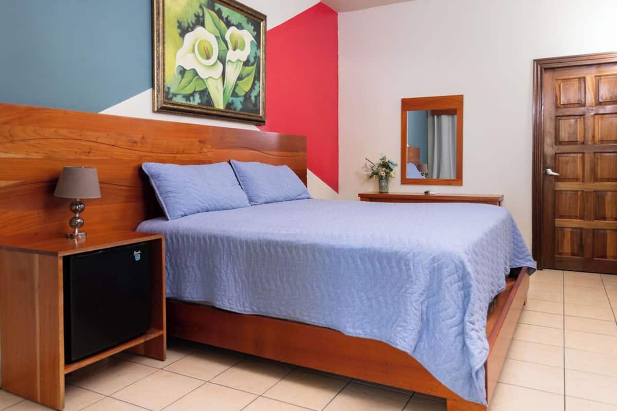 A bedroom with a wooden bed, a nightstand with a lamp, a small TV, a mirror, and a door.