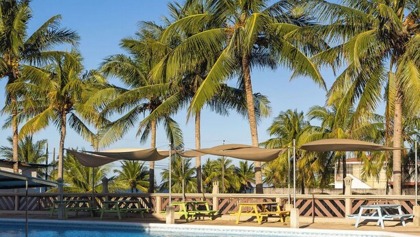 Piscina con palmeras, sillas de descanso y una zona de estar cubierta.