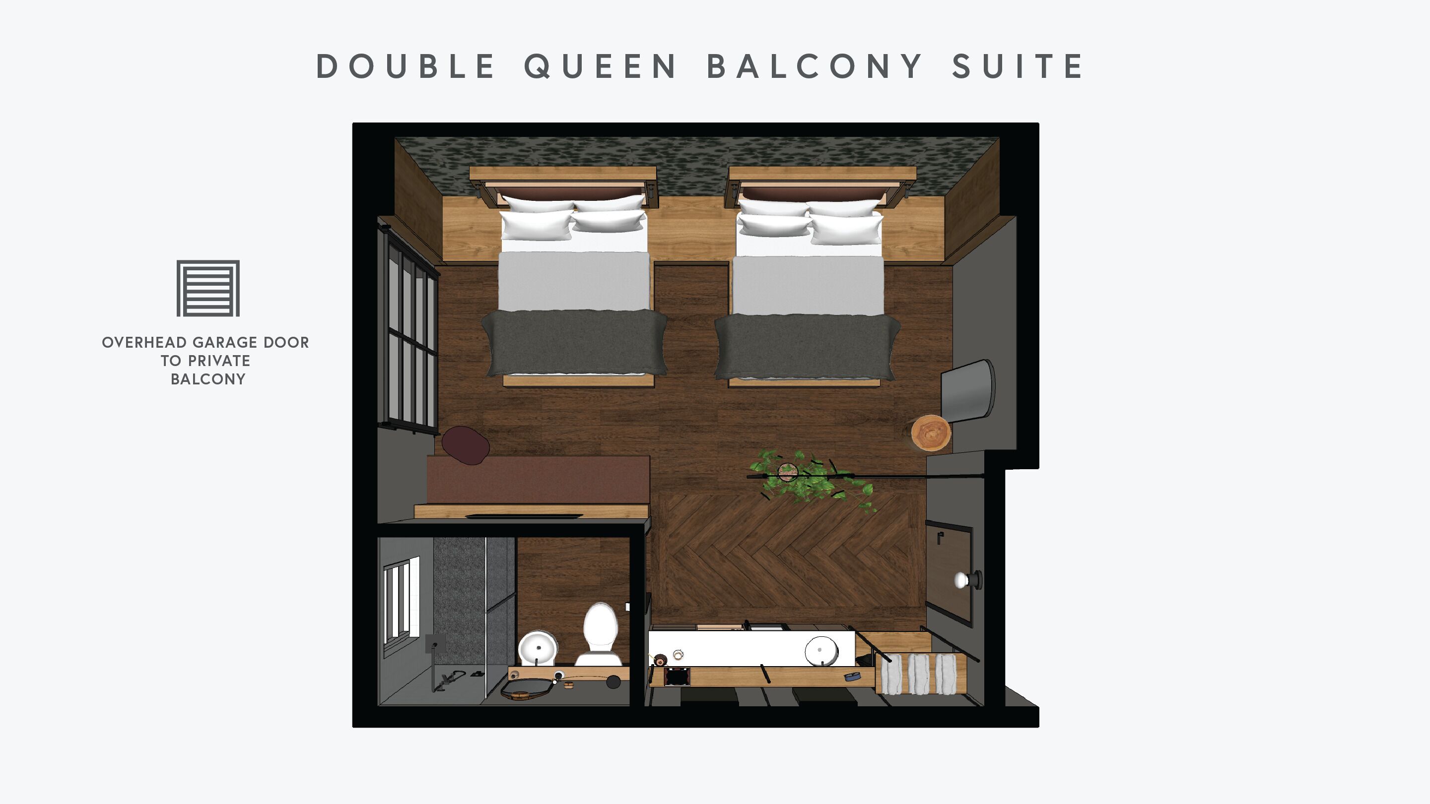 A double queen balcony suite with an overhead garage door to a private balcony, a small seating area, a sink, and a toilet.