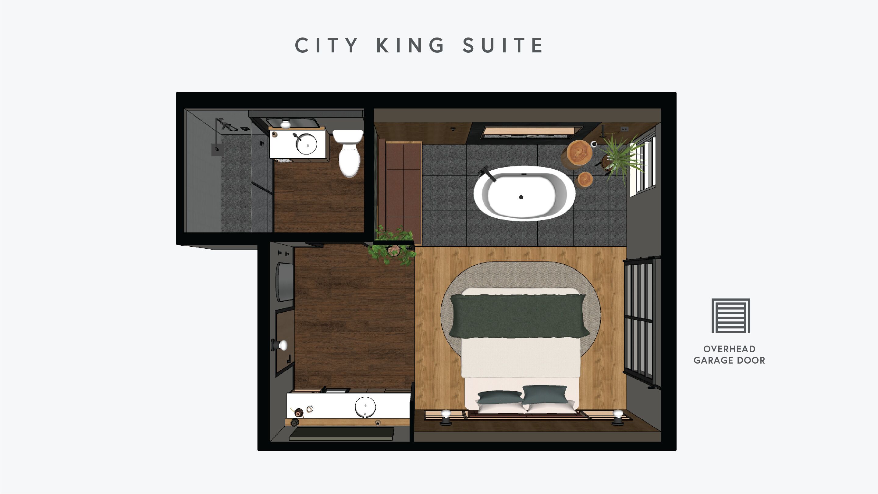 A 2-bedroom, 2-bathroom City King Suite with a separate living area, a large window, and a garage door.