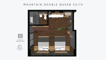 Suíte Mountain Double Queen com porta de garagem sobreposta, vista para as montanhas e piso de madeira em padrão herringbone.