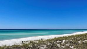 Una spiaggia con acque cristalline turchesi, sabbia bianca e vegetazione rada.