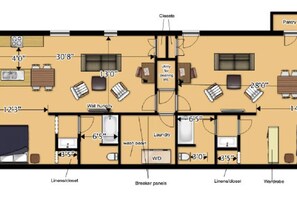 Plano de un cuarto de hotel con kitchenette, cuarto de servicio, zona de lavandería, armario y despensa.