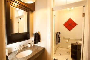 Shower, eco-friendly toiletries, hair dryer, towels