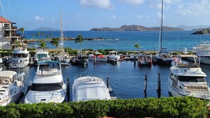Uma marina com diversos barcos atracados, cercada por vegetação e uma vista clara do oceano e colinas ao longe.