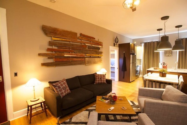 Comfy living area with sofa bed that converts to a full size bed