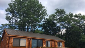 Een houten chalet met een metalen dak, een terras en grote ramen.