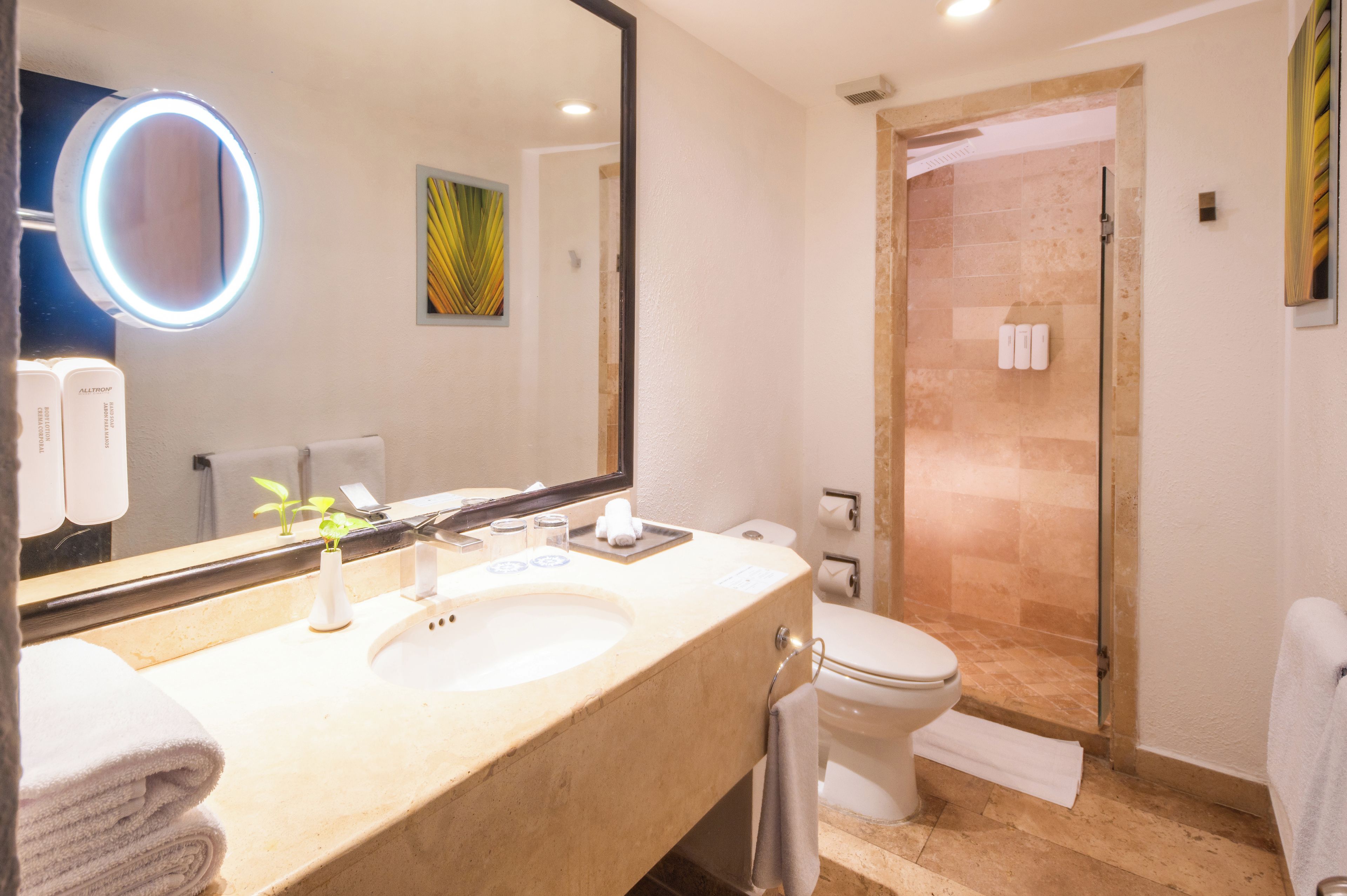 A bathroom with a sink, mirror, toilet, and shower area.