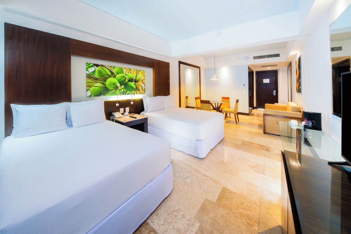 Junior Room, 2 Double Beds, Balcony, Pool View | Free minibar, in-room safe, blackout curtains, iron/ironing board