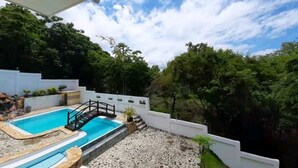 A swimming pool with a stone deck and a small bridge, surrounded by lush greenery and a white wall. - Canoy's Mansion Apartelle in Dalaguete Cebu (Dalaguete)