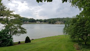 A lake with a grassy foreground and trees. - Awesome Lake House with Natural Beach, Huge Dock, and Sunset Views. Sleeps 9 (Moneta)