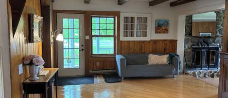 Smart TV, fireplace, books, music library