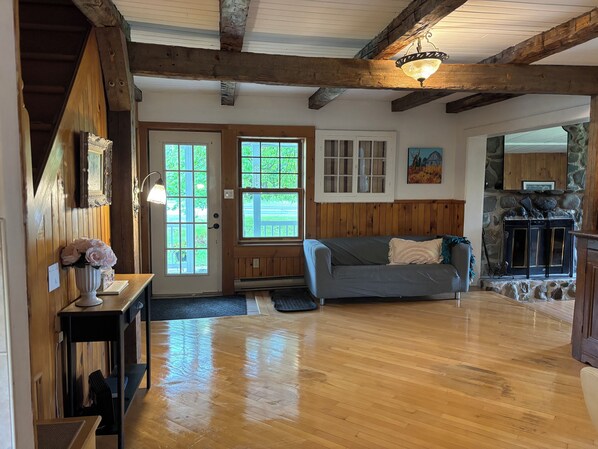 Smart TV, fireplace, books, music library