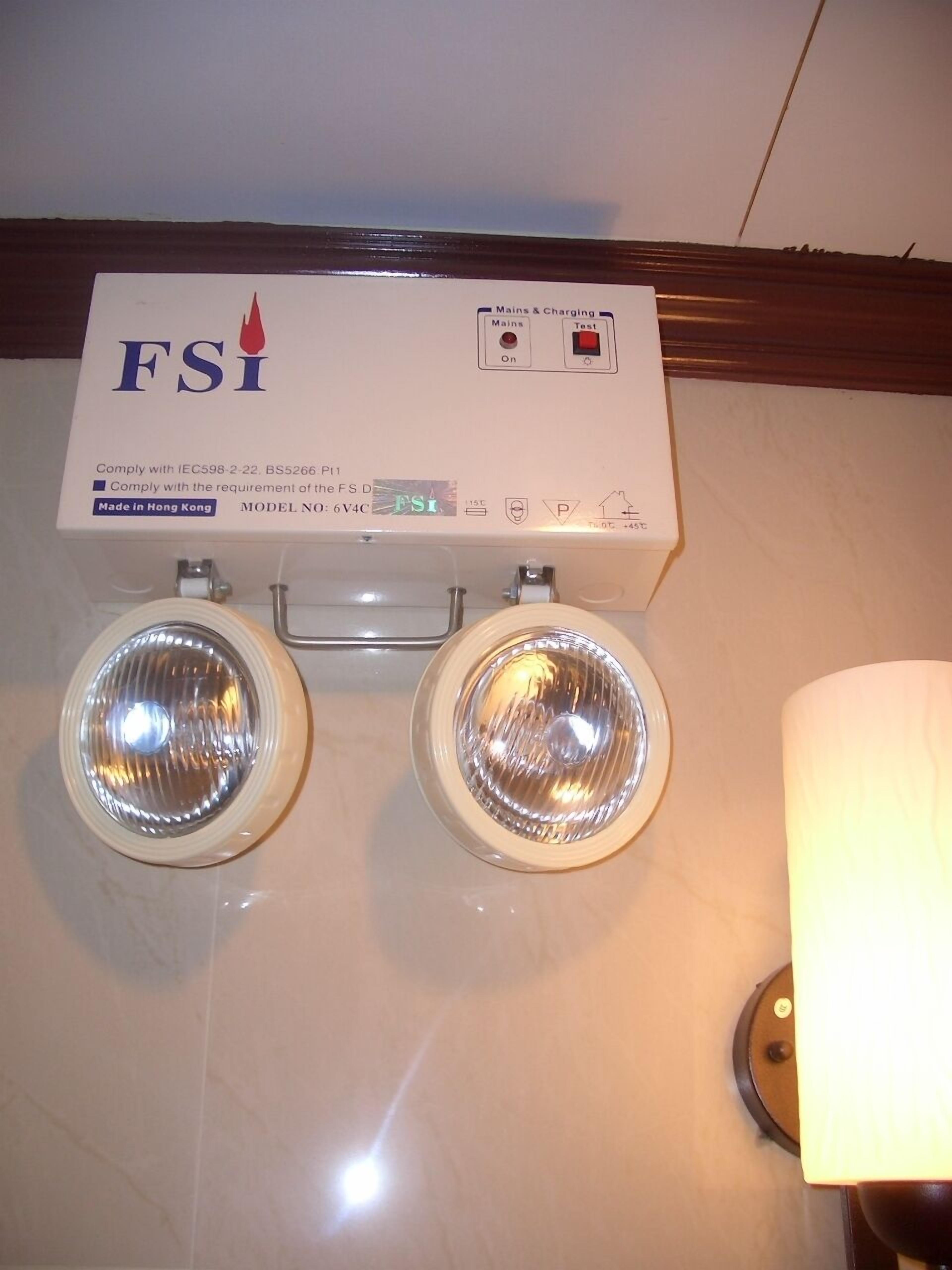 A FSI mains and charging station with two lights, located on a wall.