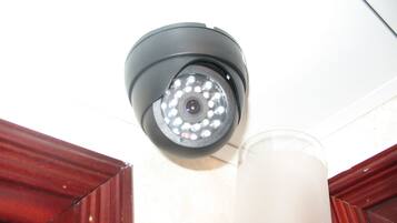 A ceiling-mounted security camera.