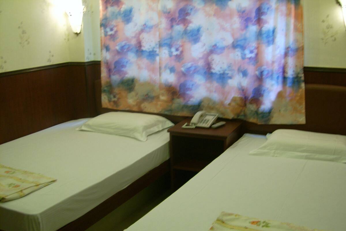 Habitación de hotel con dos camas individuales, una mesita de noche con teléfono y cortina estampada con motivos florales.