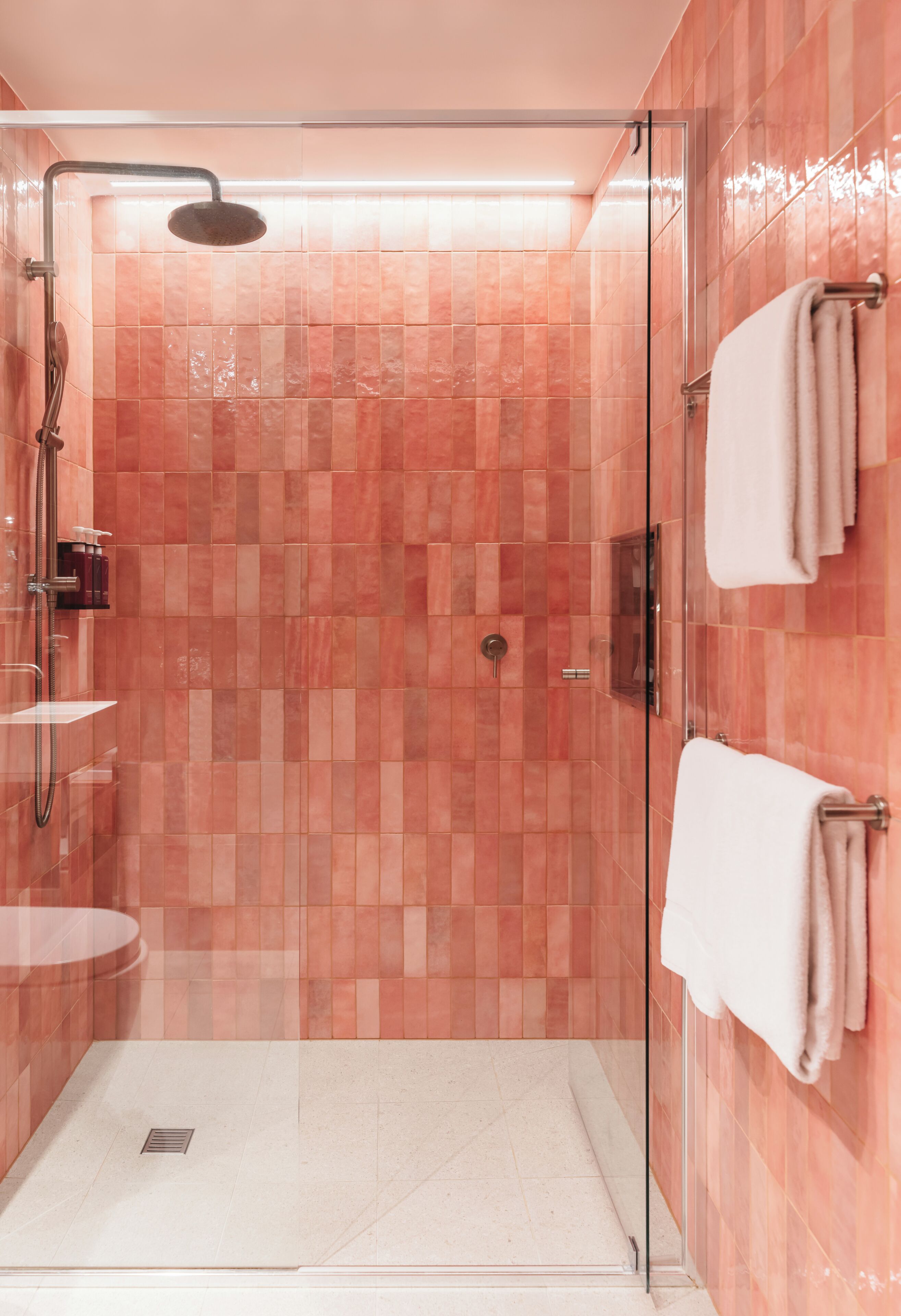 A modern bathroom with a glass-enclosed shower, a white sink, and a towel rack.
