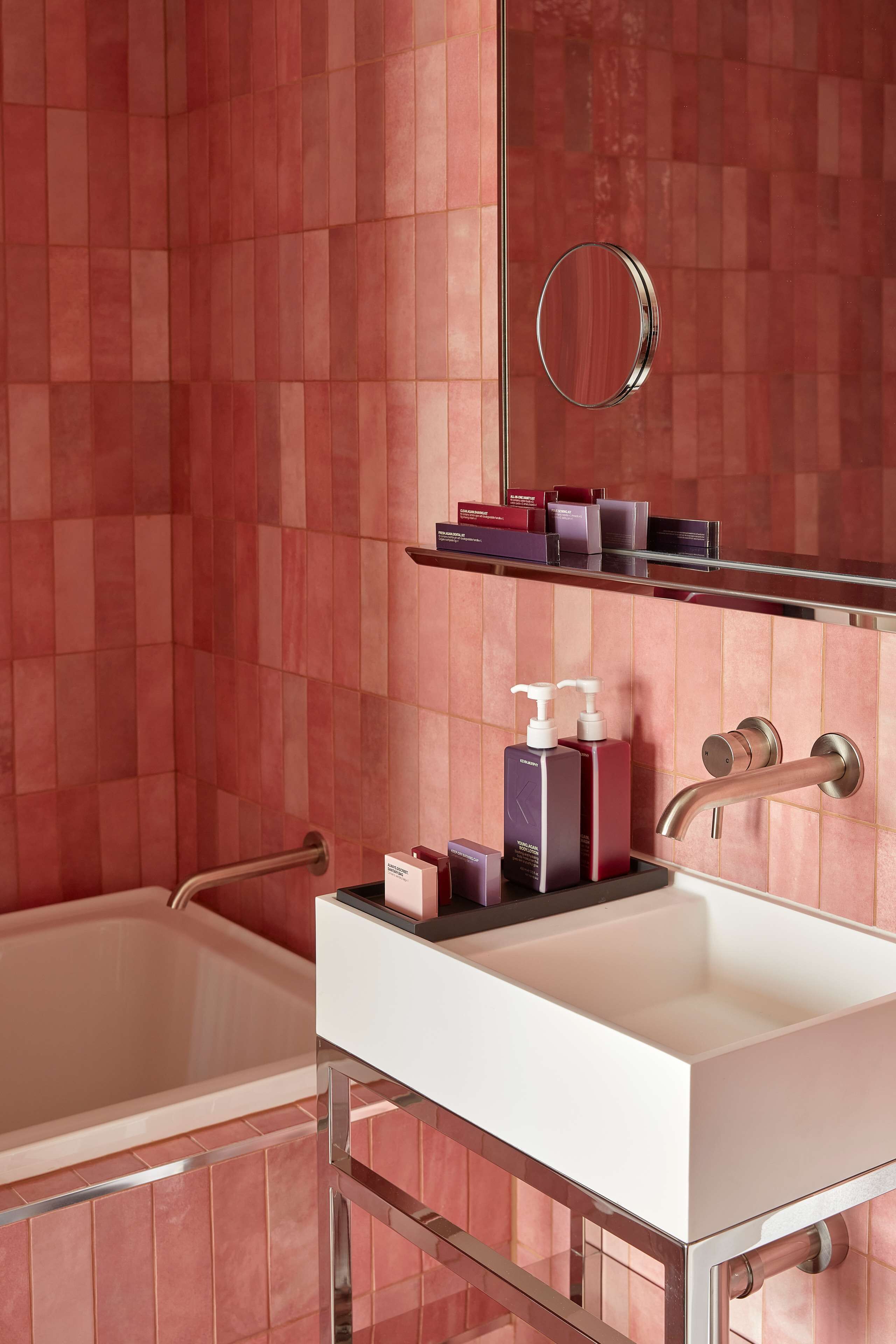 skyline view king or twin | bathroom | designer toiletries, hair dryer, towels, soap