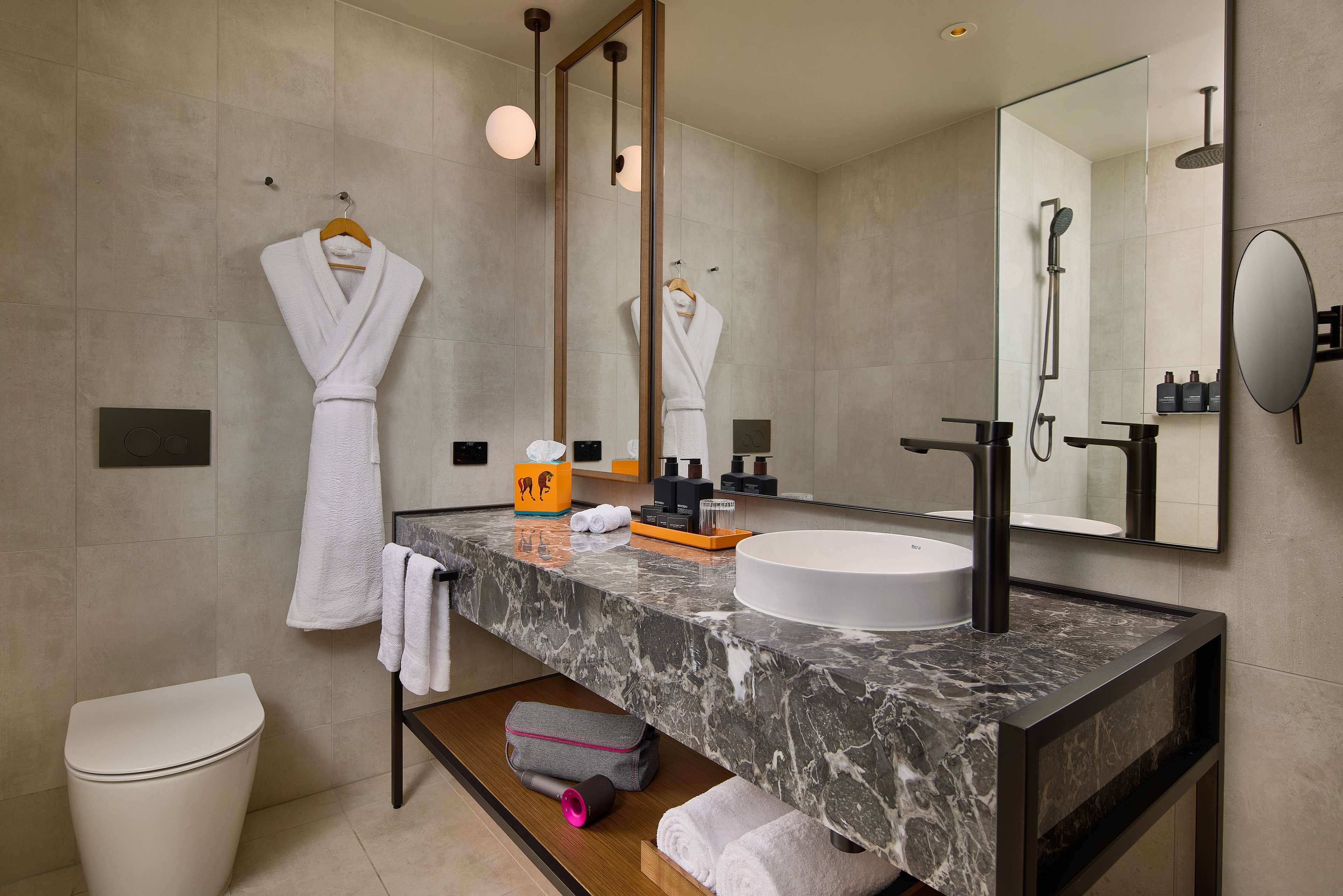 shower, rainfall showerhead, designer toiletries, hair dryer