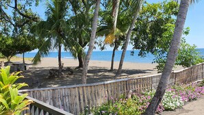 Una playa con palmeras y una valla de bambú.