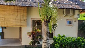 Una casa con techo de paja, una palmera y un pequeño jardín.
