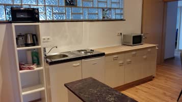 Frigorífico, microondas, placa de cocina y cafetera o tetera