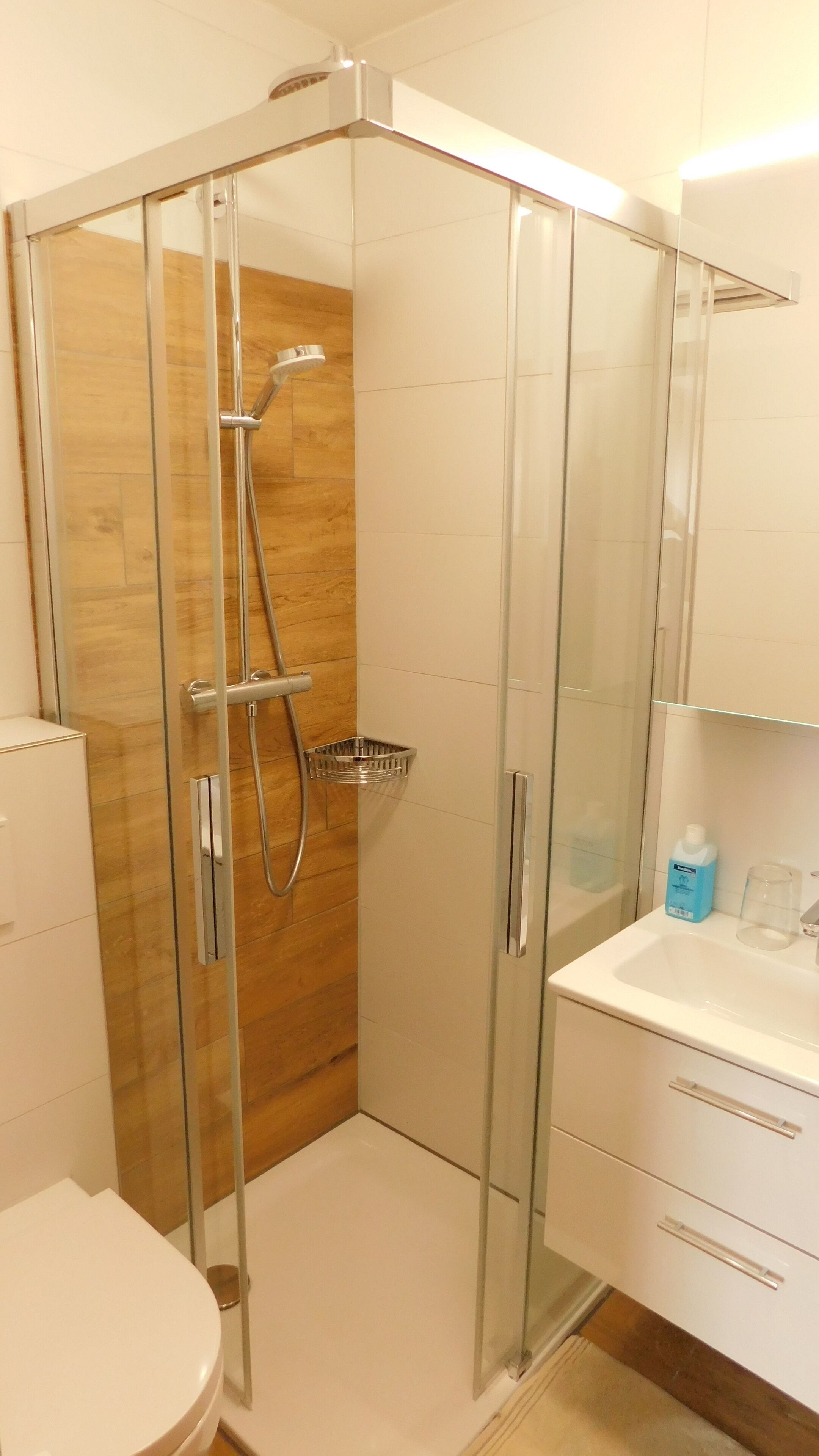 A modern bathroom with a glass-enclosed shower, a wooden wall, and a white sink with a mirror above it.