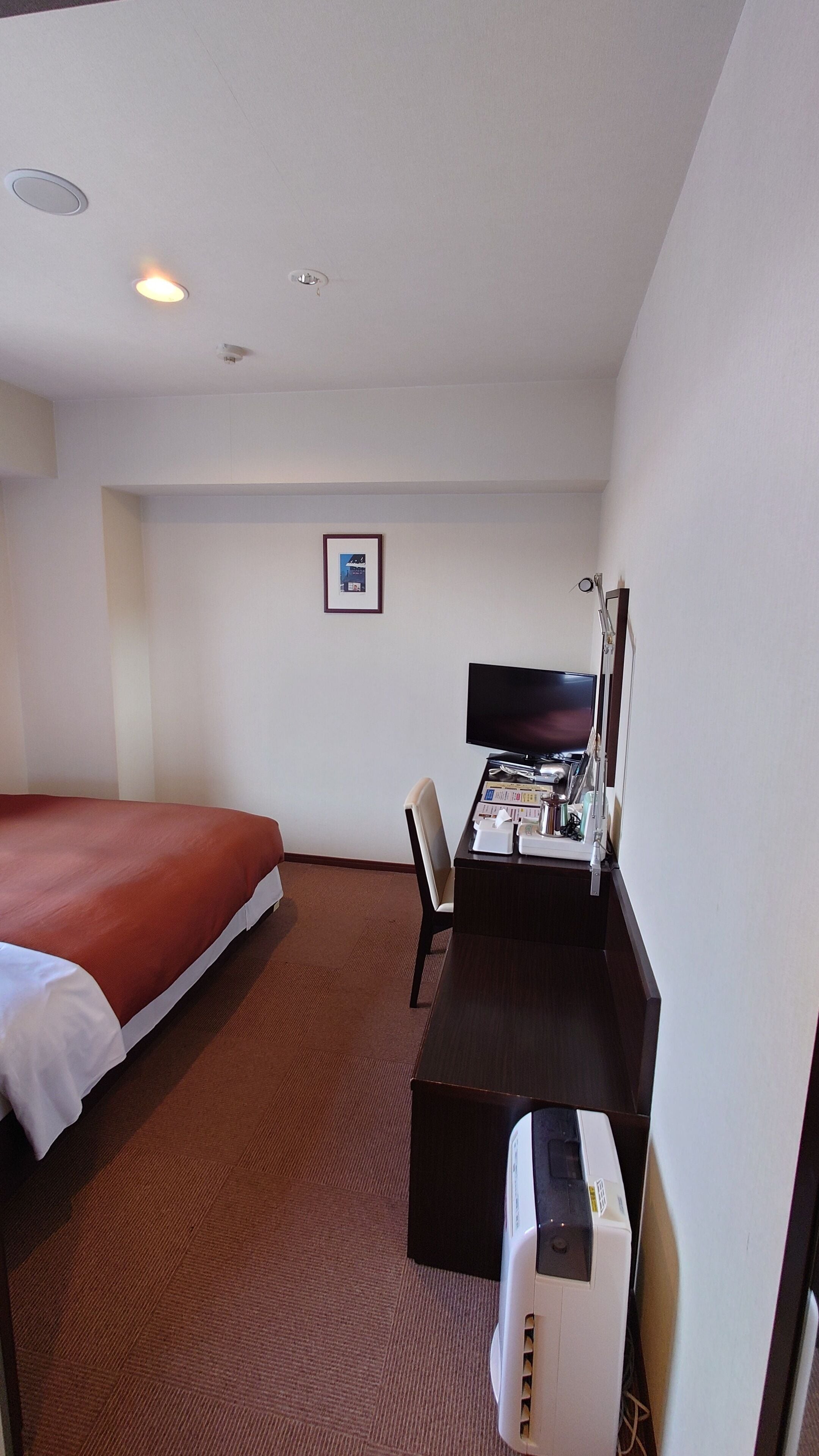 A hotel room with a bed, a desk with a computer, a chair, and a television.