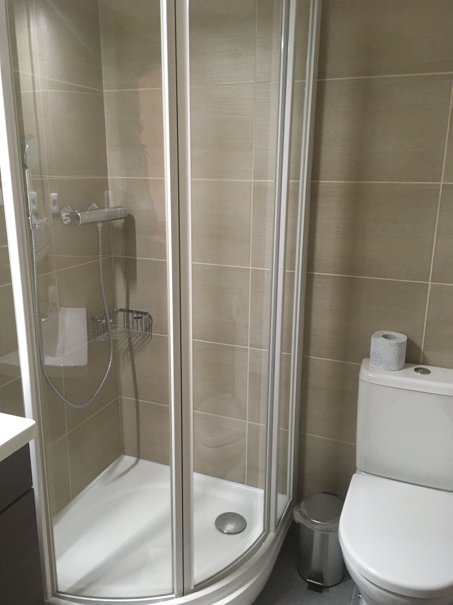 A bathroom with a glass-enclosed shower, a toilet, and a trash bin.