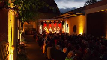 Un escenario al aire libre con una banda tocando, rodeado de público.