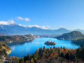 Surrounded by forested hills and majestic mountains, this serene lakeside setting offers a tranquil escape.