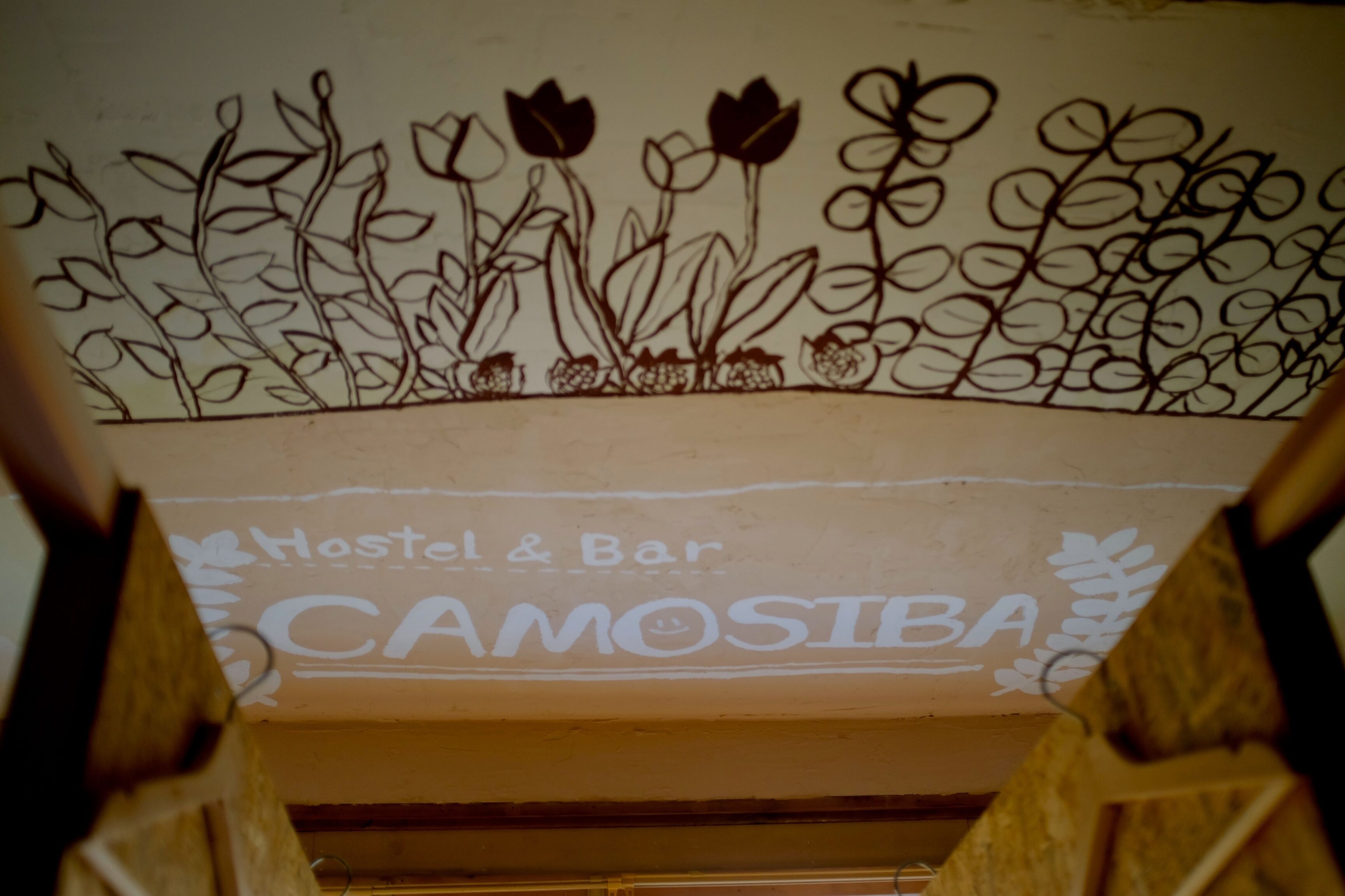 A hostel interior with a decorative ceiling design and a sign reading "Hostel & Bar CAMOSIBA".