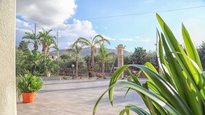 Un patio con palmeras, suelo de baldosas y un edificio con una verja al fondo.