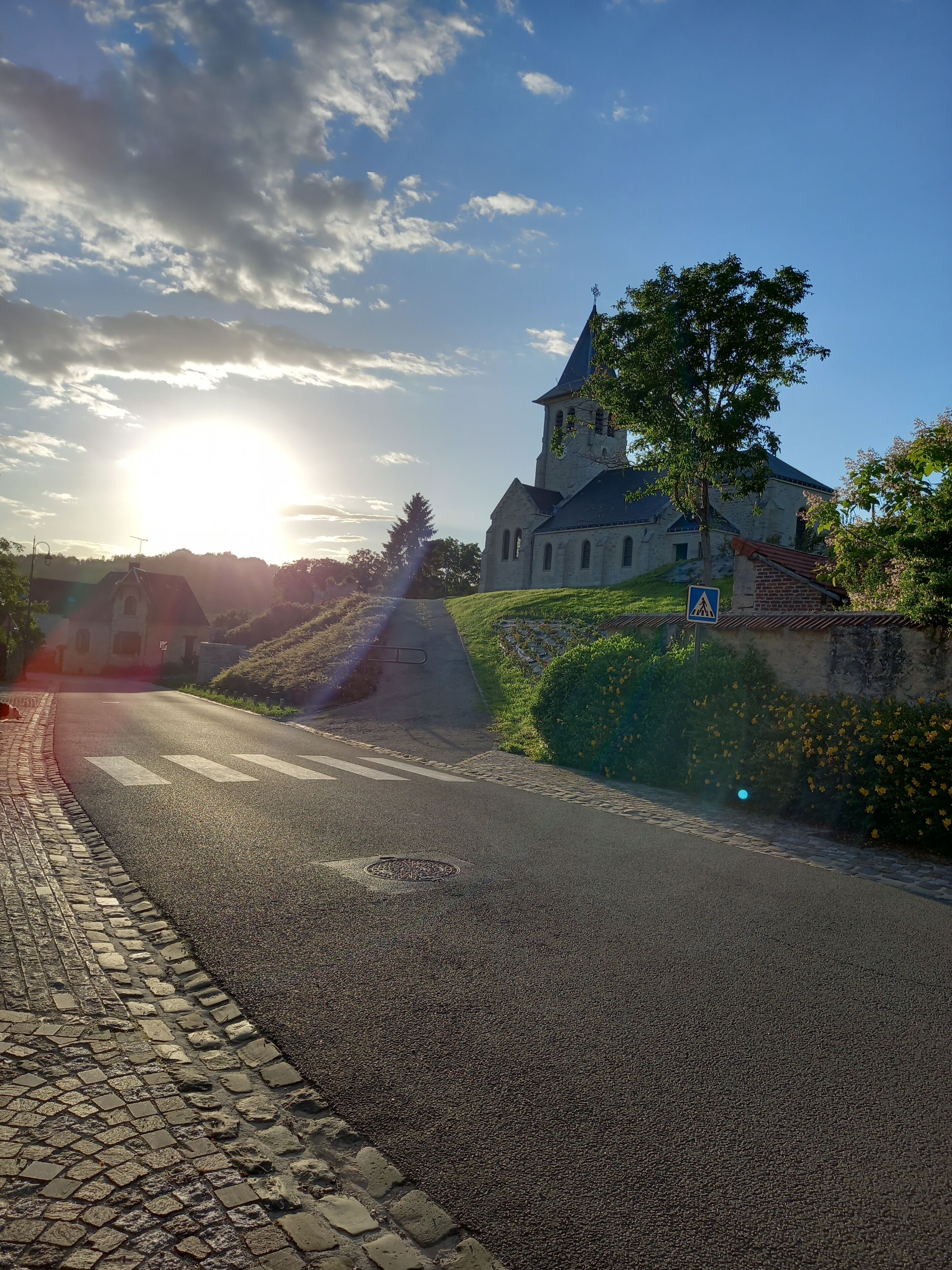 A cobblestone path leading to a historic building with a tower, surrounded by greenery and a clear sky.