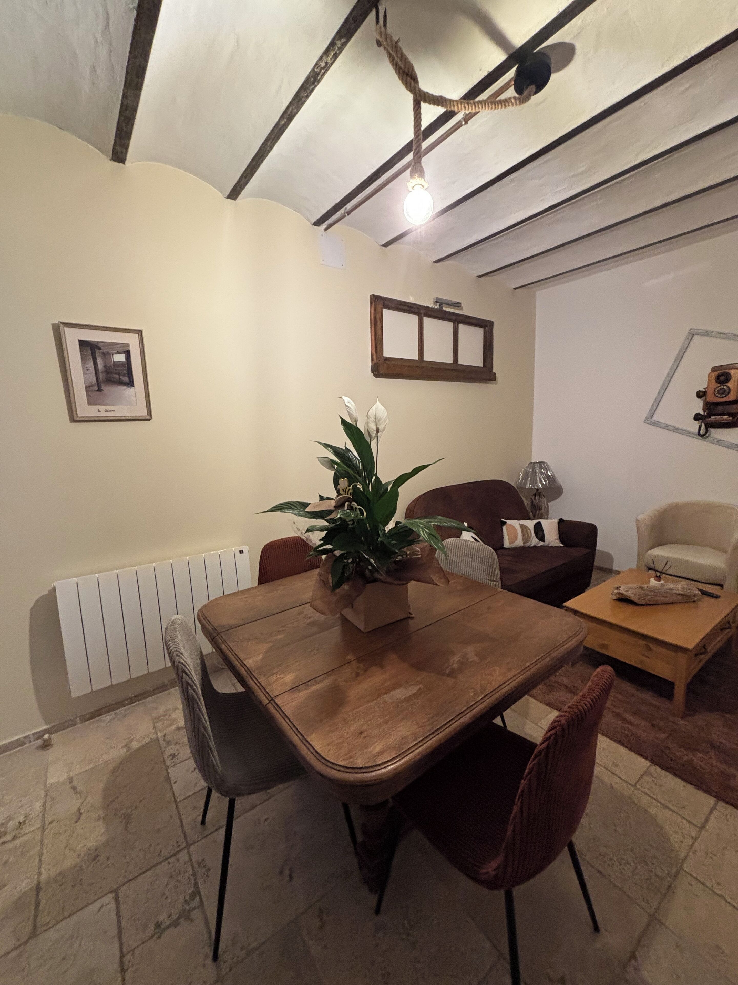 A dining area with a wooden table and chairs, a potted plant, a radiator, a window, and a wall-mounted picture frame.