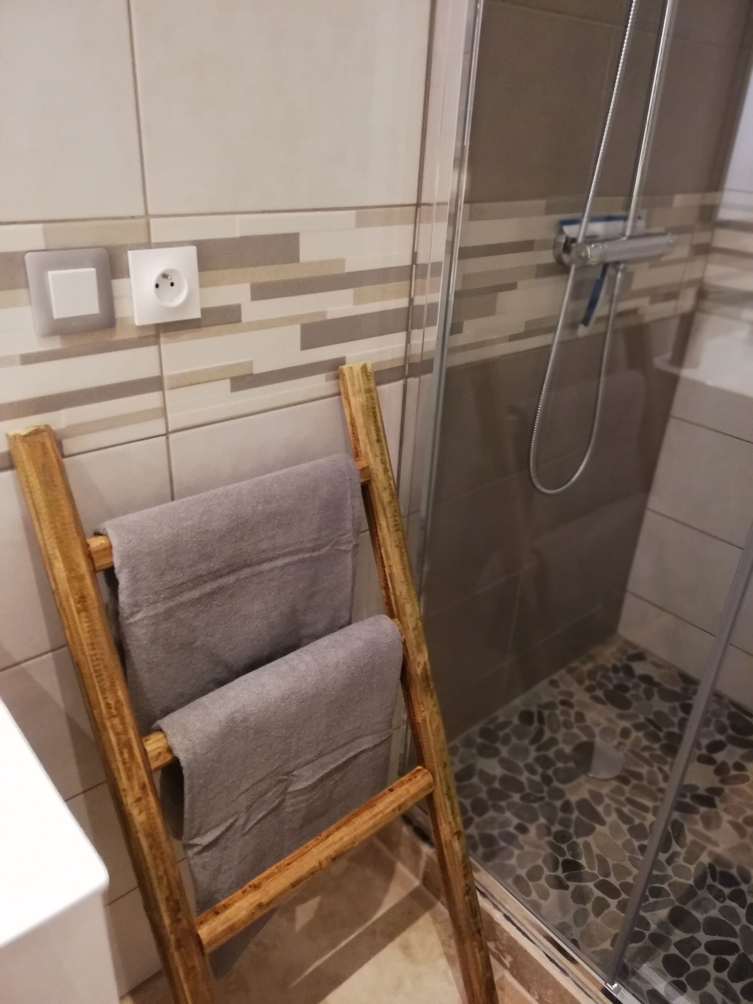 A shower area with a glass door, a wooden ladder, and a towel rack.