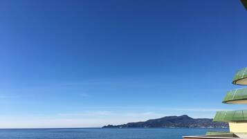 A coastal view with a clear sky, a rocky breakwater, and a distant mountain range.