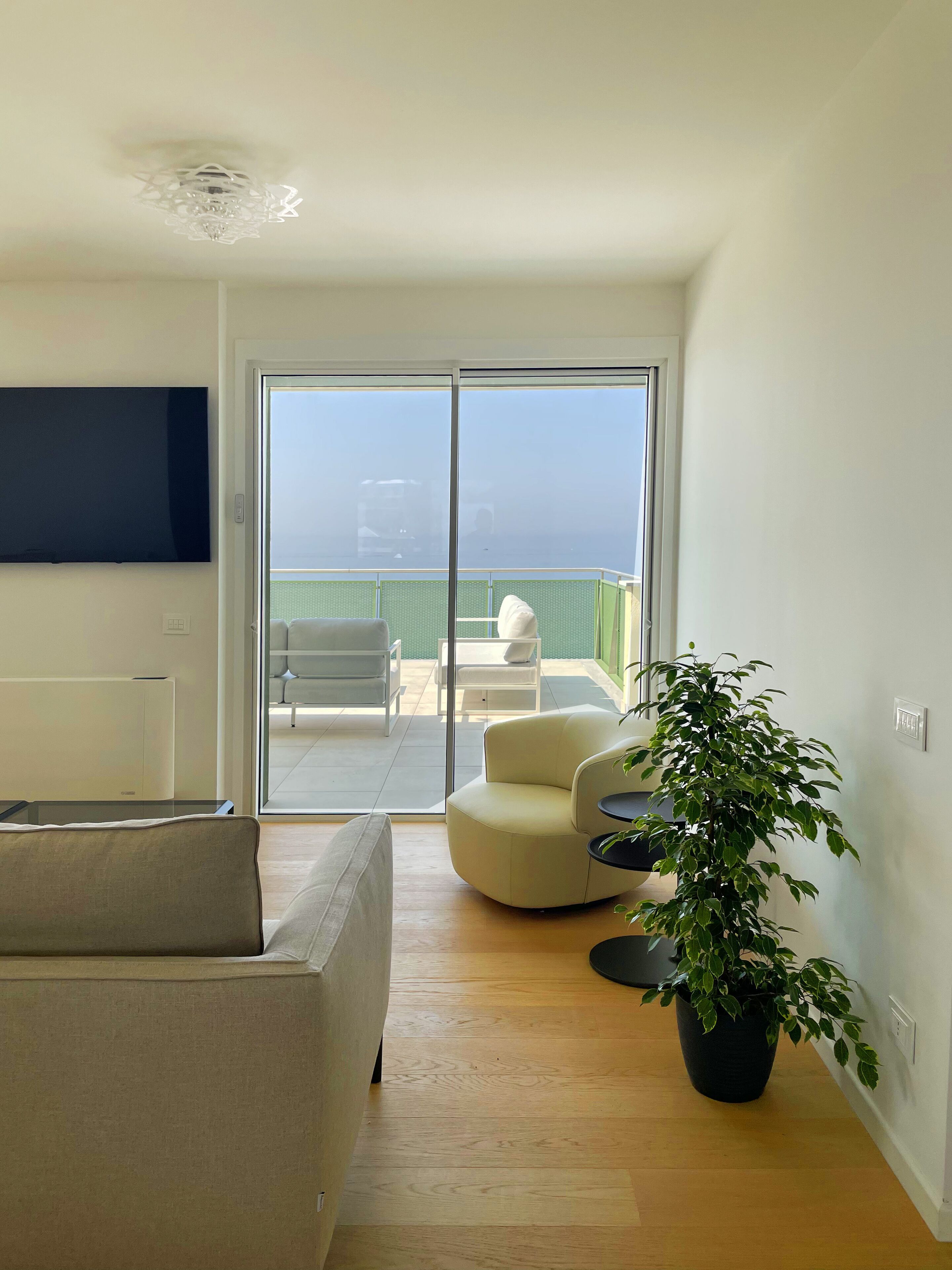 A modern living room with a sofa, a potted plant, and a view of a balcony with outdoor furniture.