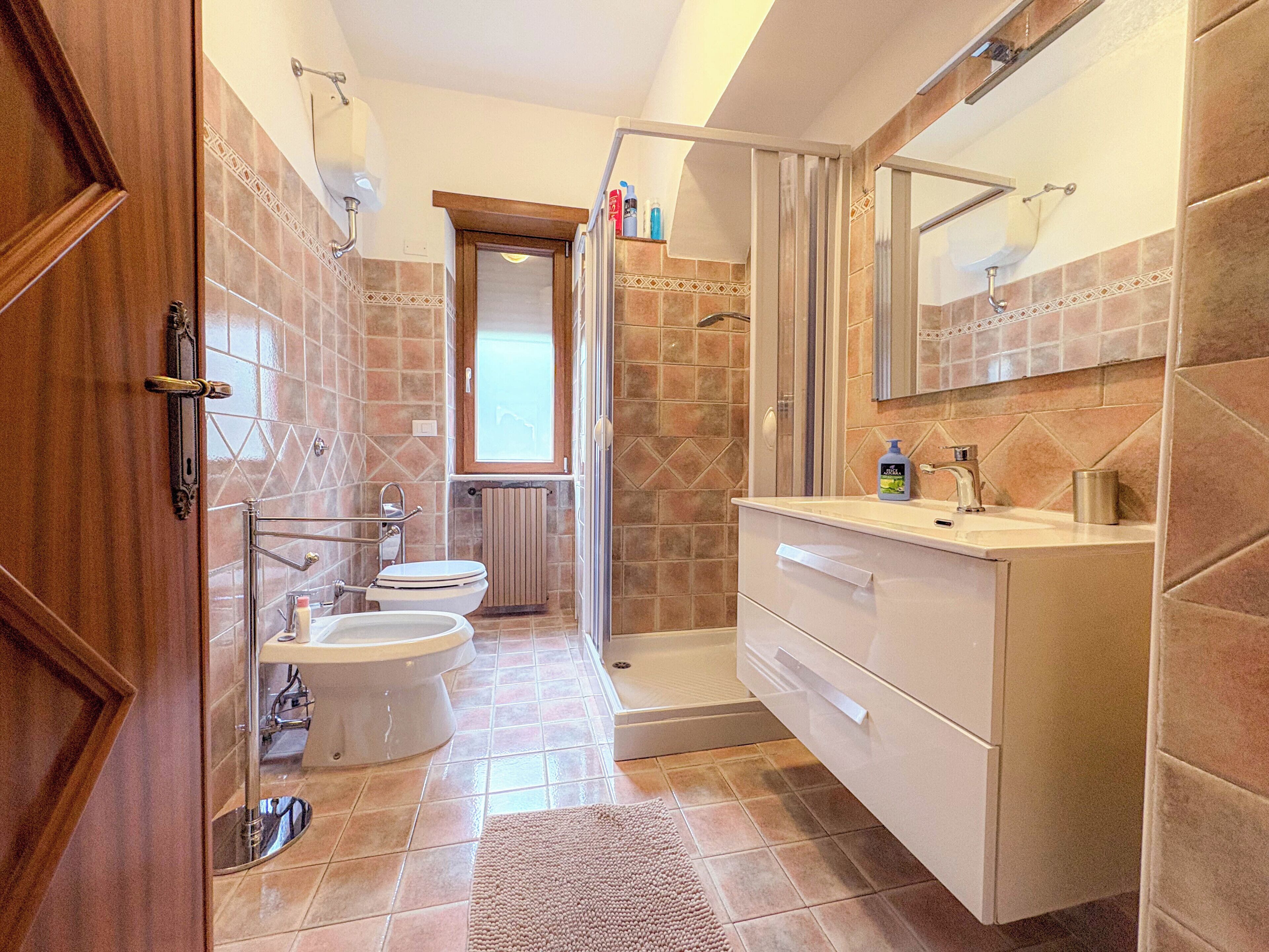 Shower, hair dryer, bidet, towels