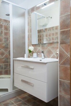 Shower, hair dryer, bidet, towels