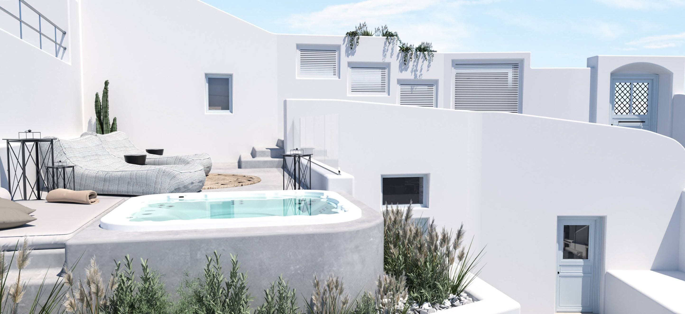 A modern outdoor pool area with a hot tub, seating, and plants.