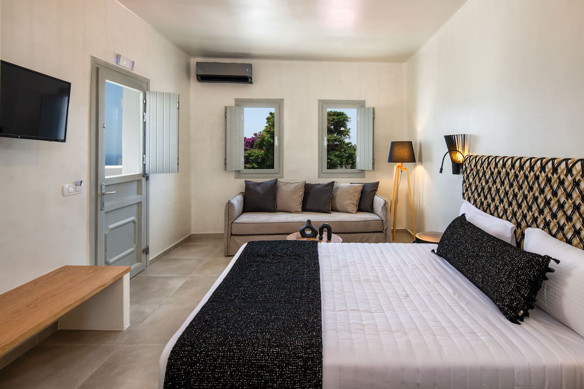 Ein Schlafzimmer mit Bett, Sitzbank, Sofa, zwei Fenstern, Fernseher und Lampe.